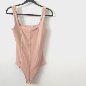 LIVE IN THE MOMENT Sleeveless Square Neck Bodysuit in Blush Nude Size Medium